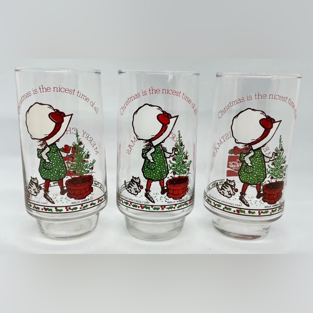3- 16 Oz Vintage Holly Hobbie Christmas Coca Cola Glasses